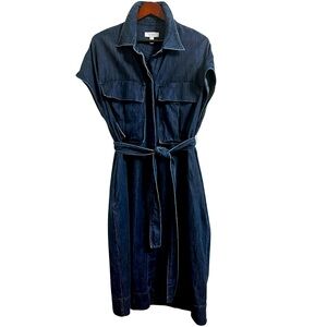 COS Navy Blue Denim Utility Midi Dress Button Cotton Tie Waist Pockets Size 14